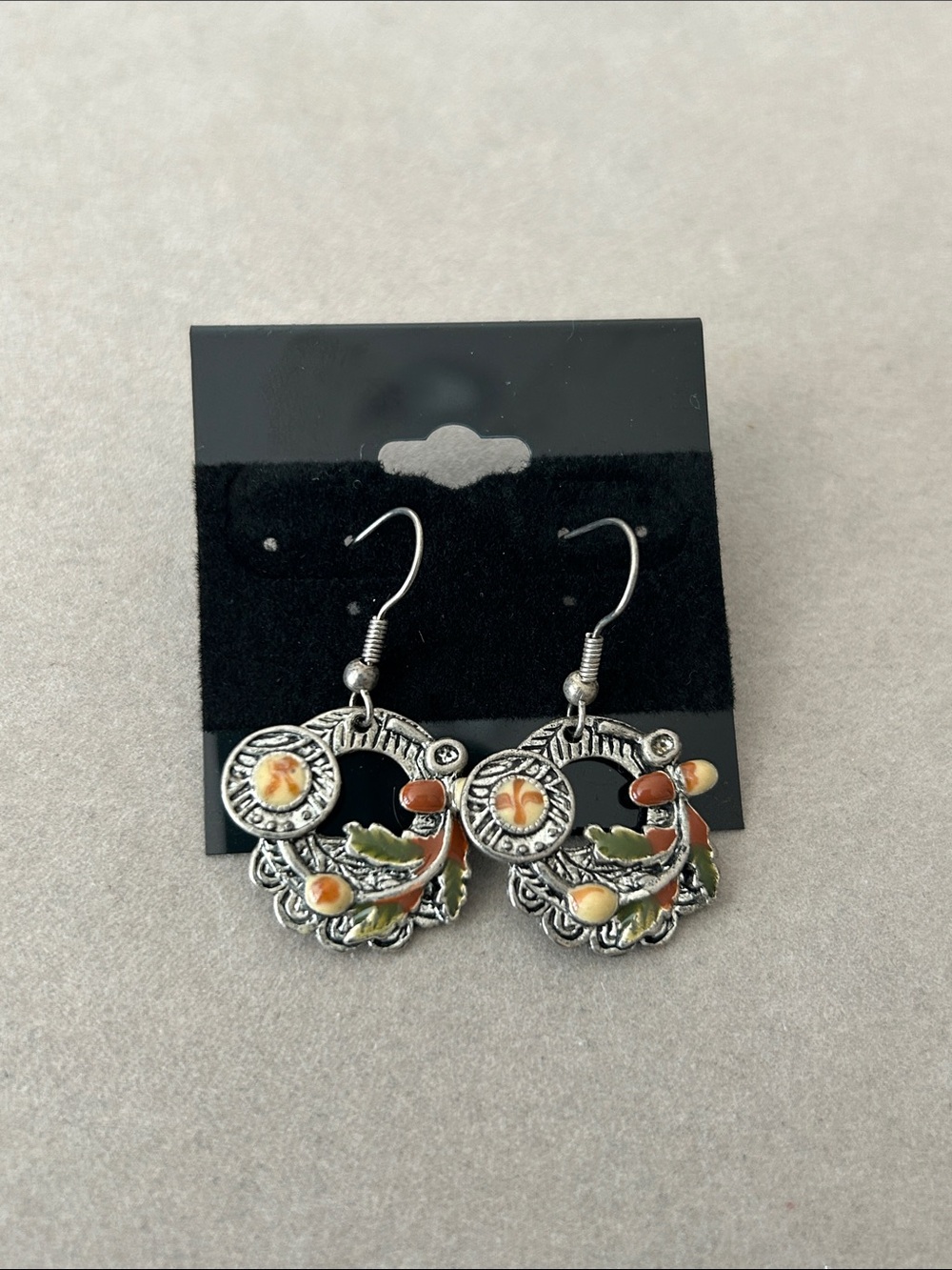 Silver Floral Drop Earrings with Orange and Green Enamel